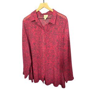 St. Johns Bay Womens 2X Floral Print Button-Up Shirt Pink & Black Long Sleeve Li